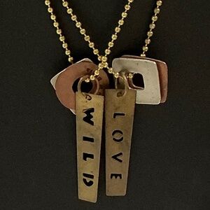 Two Mixed Metal Brass Ball Chain Necklaces Cutout lettering "Wild" "Love"